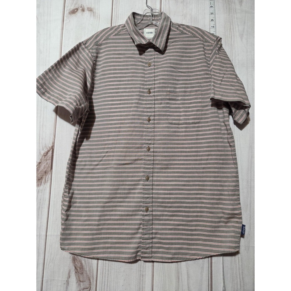 ROWM Shirt Mens Medium Brown Pink Stripe Short Sleeve Button Down Casual Summer